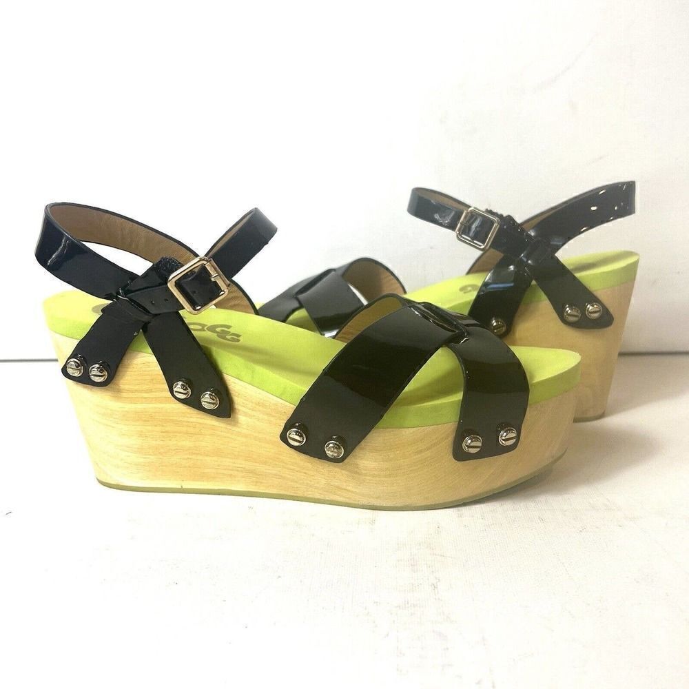 Flogg Glossy Black Neon Green Open Toe Ankle Strap Platform Sandals Women's Sz 7